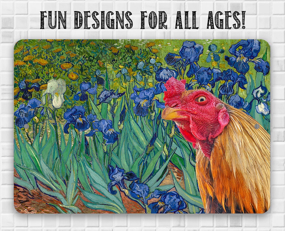 Irises Painting - Interrupted by Rooster - Metal Sign