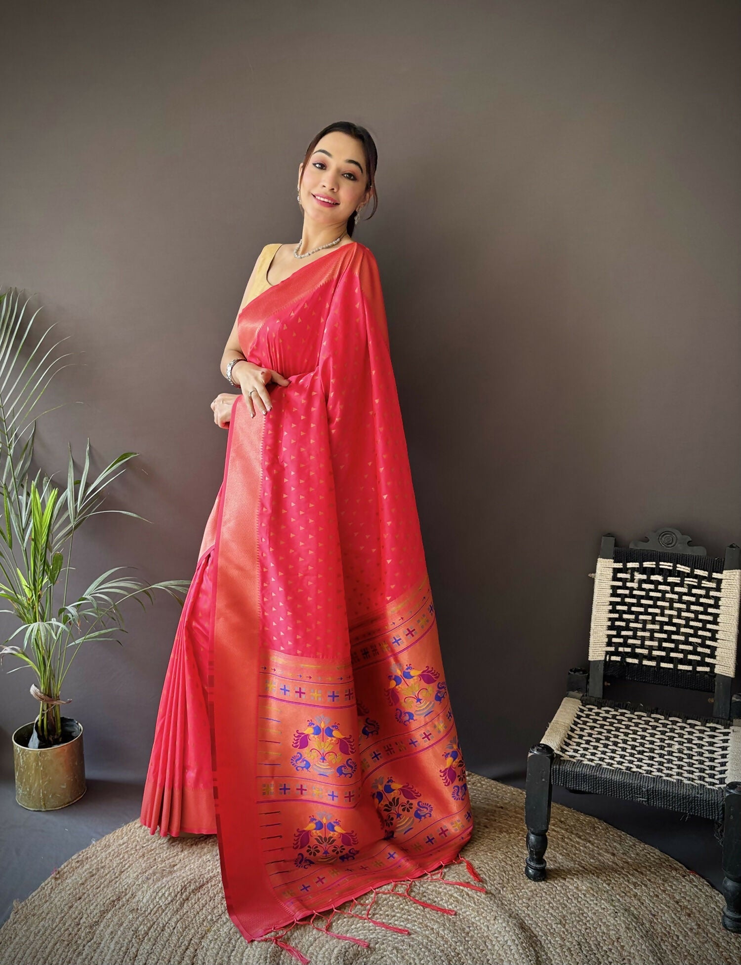 Hot Pink Jacquard Butti Soft Lichi Silk Paithani Saree