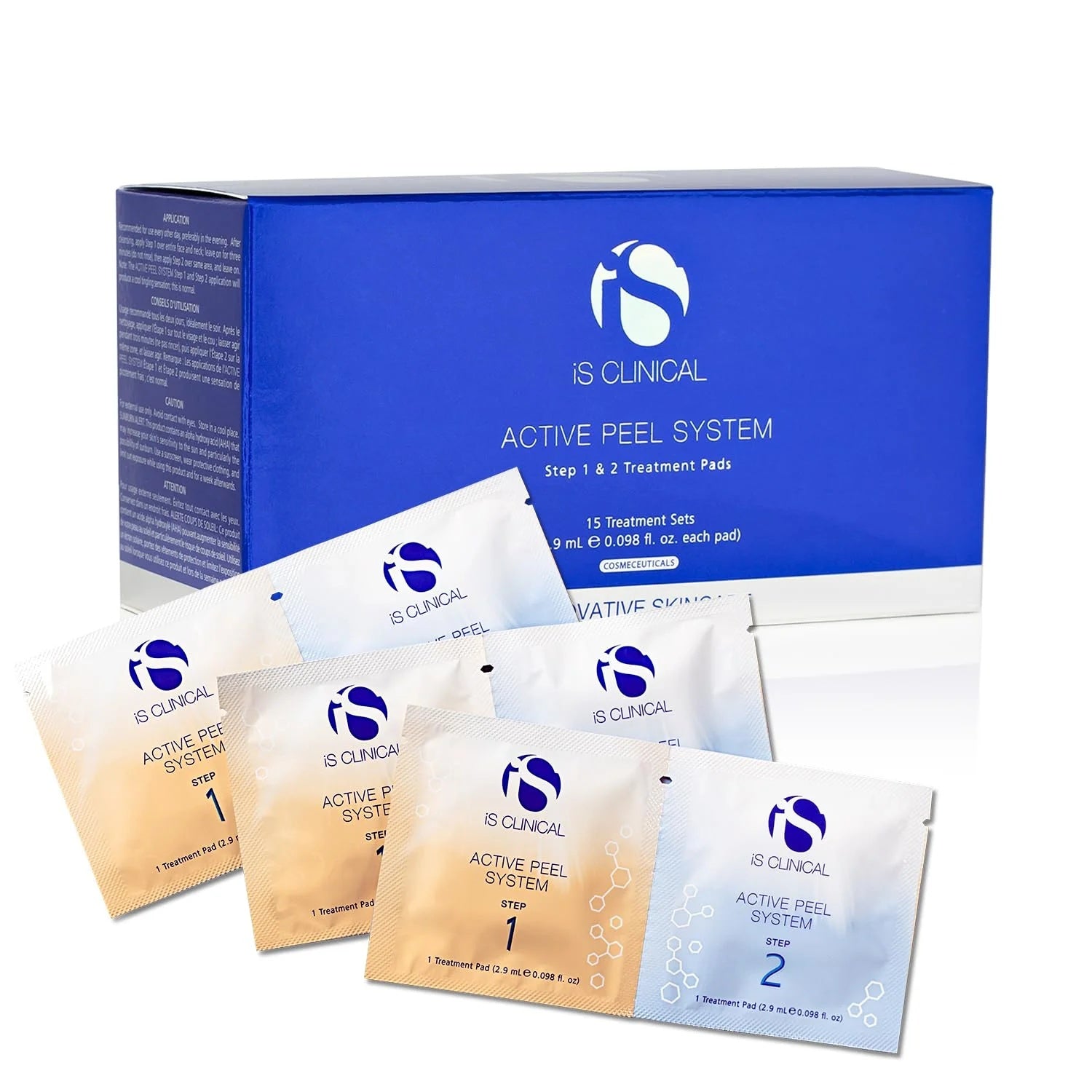iS Clinical Active Peel System blue and white packaging with 15 treatment pads