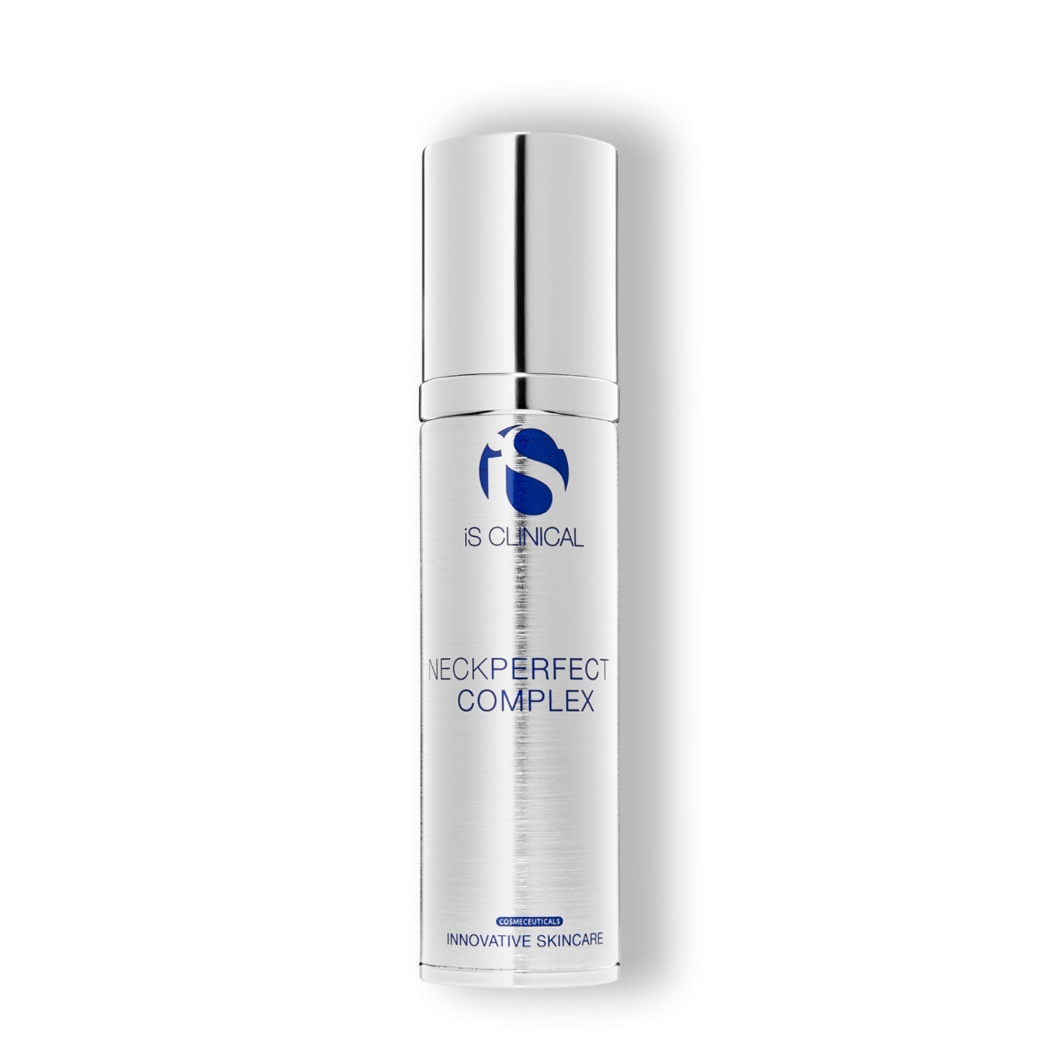iS Clinical NeckPerfect Complex bottle in silver and blue packaging, designed for neck and jawline firming.