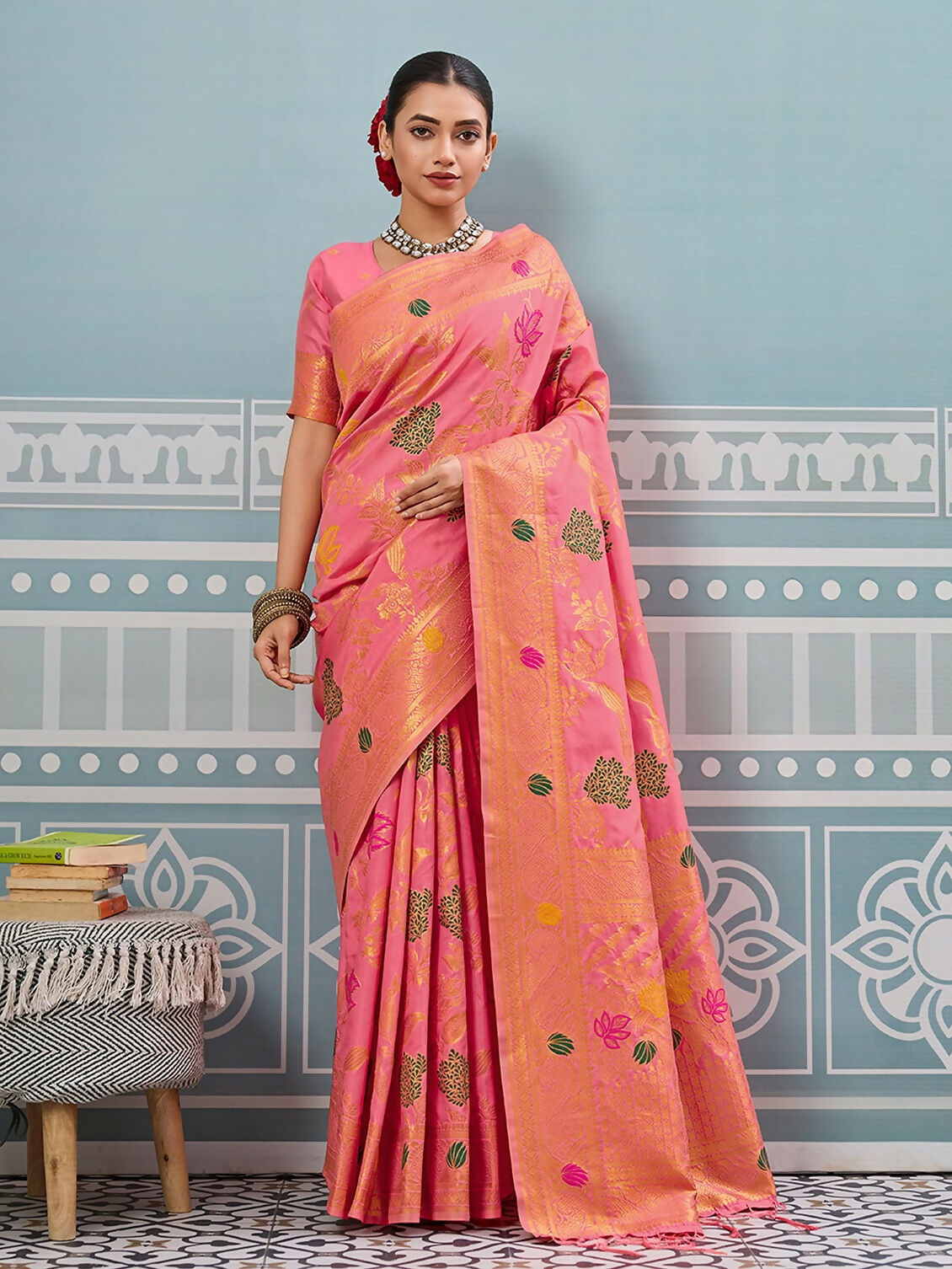 Gajari Silk Saree with Matching Silk Blouse