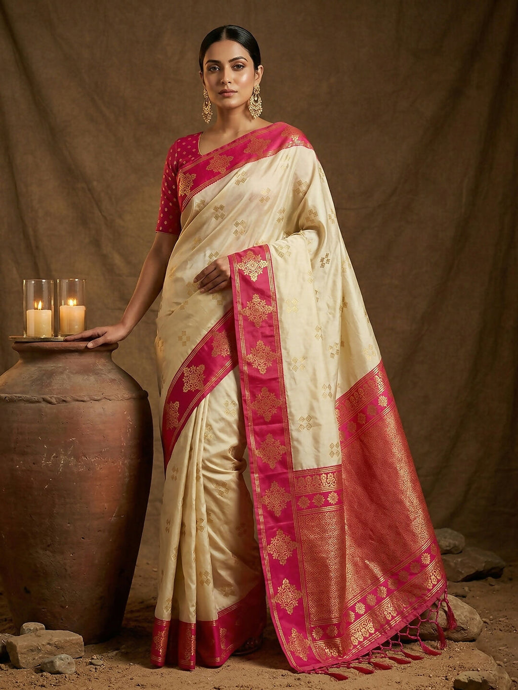 Cream soft silk saree with a vibrant pink blouse piece
