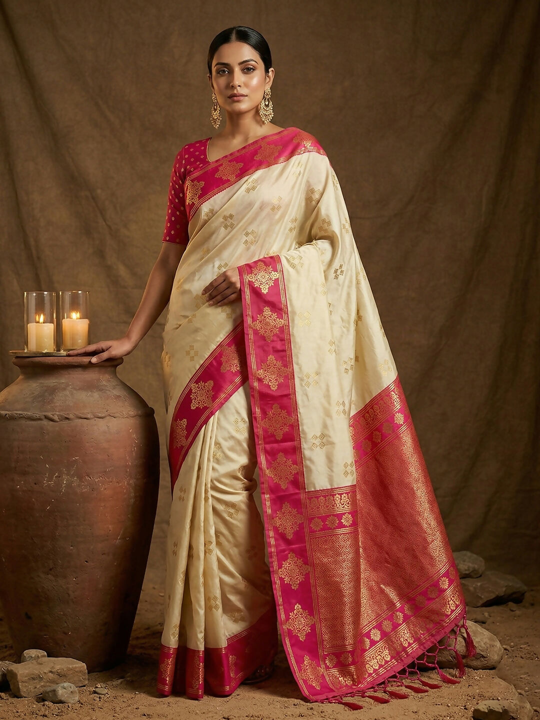 Cream soft silk saree with a vibrant pink blouse piece