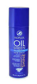 Isoplus Oil Sheen Protective Hair Spray in a 7 oz bottle with royal blue and white packaging.