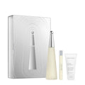 Issey Miyake L'eau d'Issey gift set featuring perfume bottles and body lotion in silver and off-white packaging.
