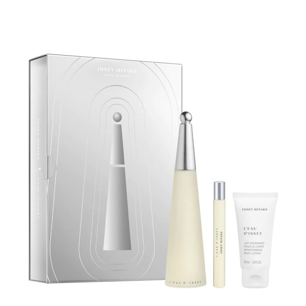 Issey Miyake L'eau d'Issey gift set featuring perfume bottles and body lotion in silver and off-white packaging.