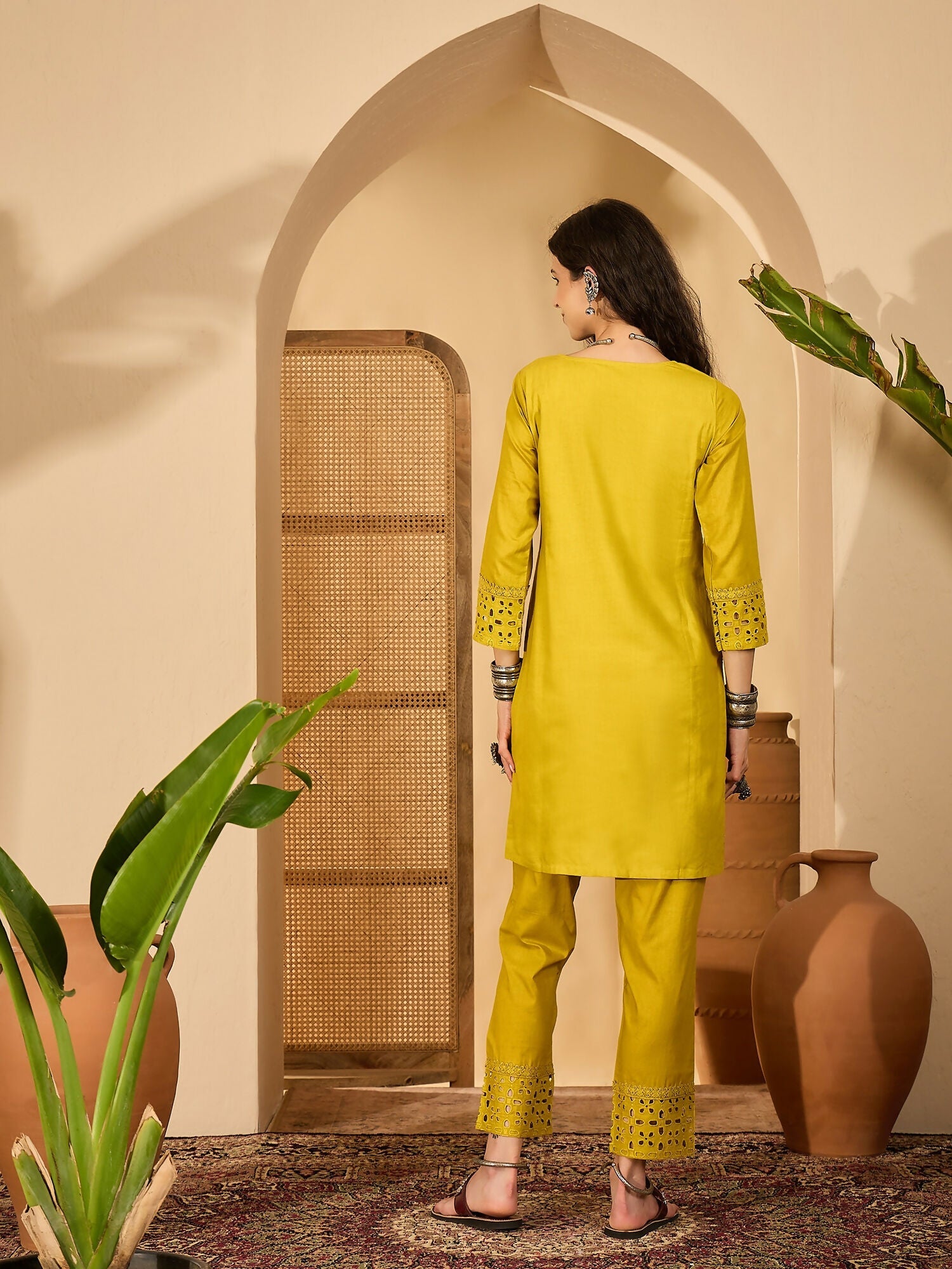 Mustard Embroidered Pure Cotton Cord Set