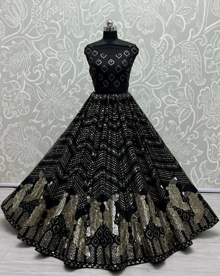 Black Bridal Net Wedding Lehenga Choli with Foil and Sequins