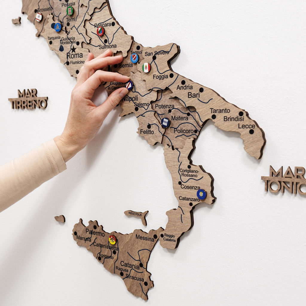 Wooden Map of Italy – Terra with Travel Pins and Landmarks