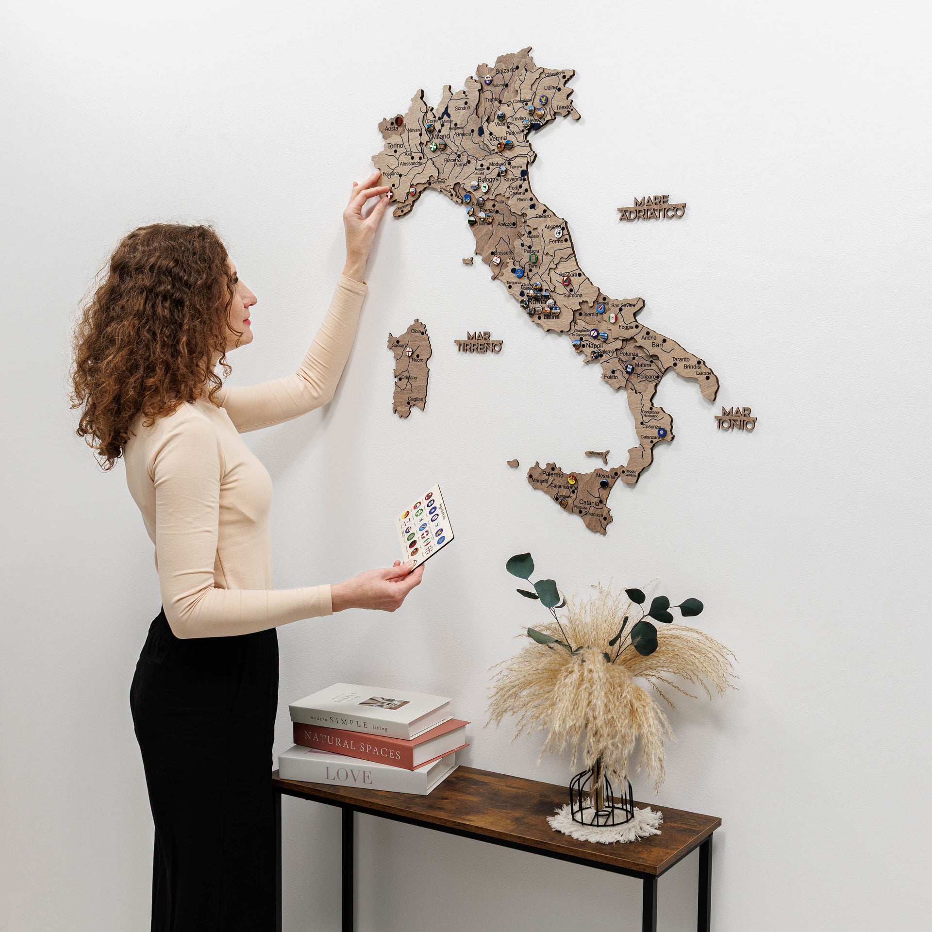 Wooden Map of Italy – Terra with Travel Pins and Landmarks
