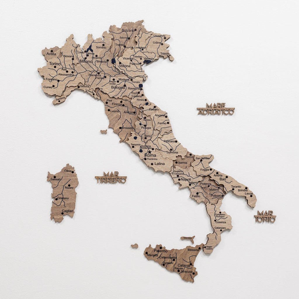 Wooden Map of Italy – Terra with Travel Pins and Landmarks