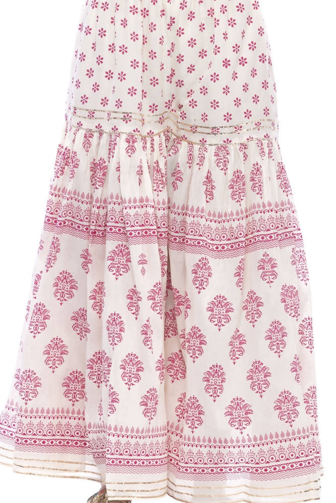 Off White and Maroon Cotton Block Print Palazzo with Lace Detail
