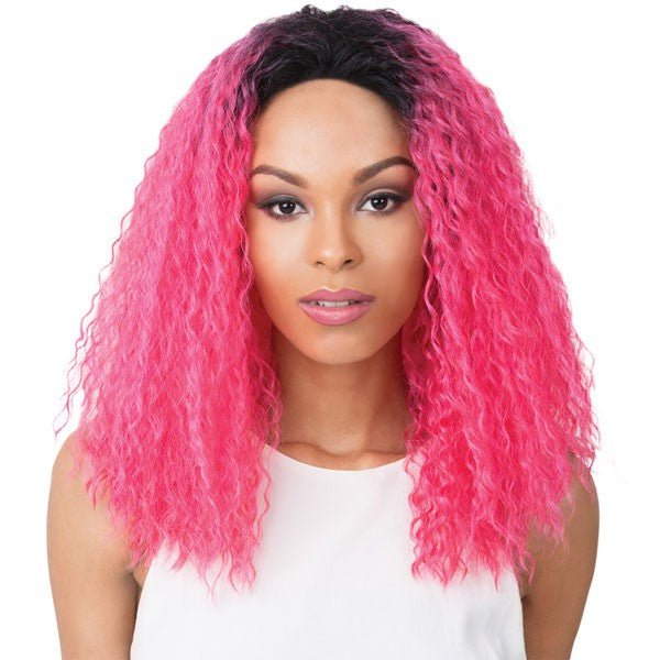 Model wearing a medium-length curly lace-front wig in vibrant neon hot-pink with a dark root ombre effect.