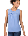 Spring Blue sleeveless top featuring a pleated neckline in a soft polyester blend fabric.