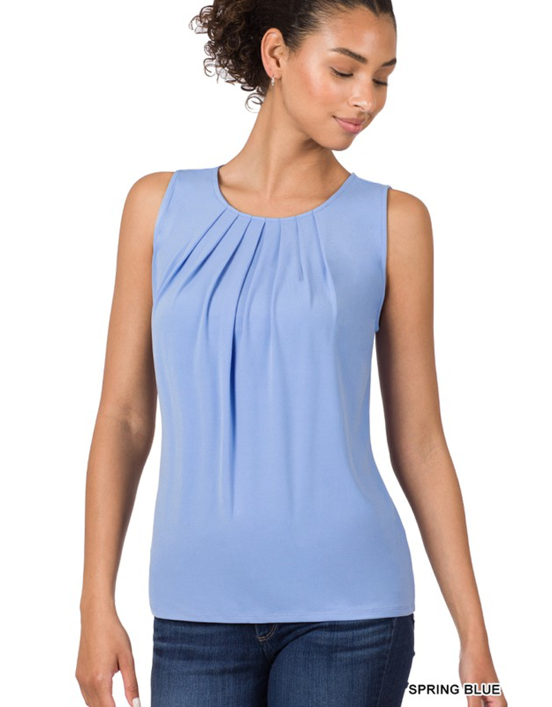 Spring Blue sleeveless top featuring a pleated neckline in a soft polyester blend fabric.