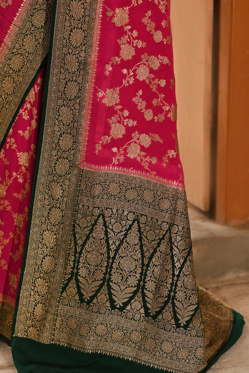 Hot Pink Handloom Banarasi Silk Saree in Crepe Chiffon