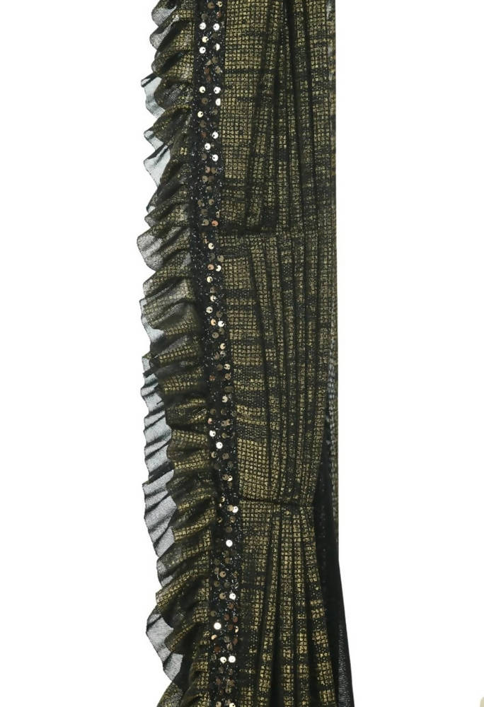 Olive Green and Black Ruffled Ready-to-Wear Lycra Saree