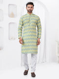 Toddler boy in a bright yellow printed rayon cotton kurta pyjama set