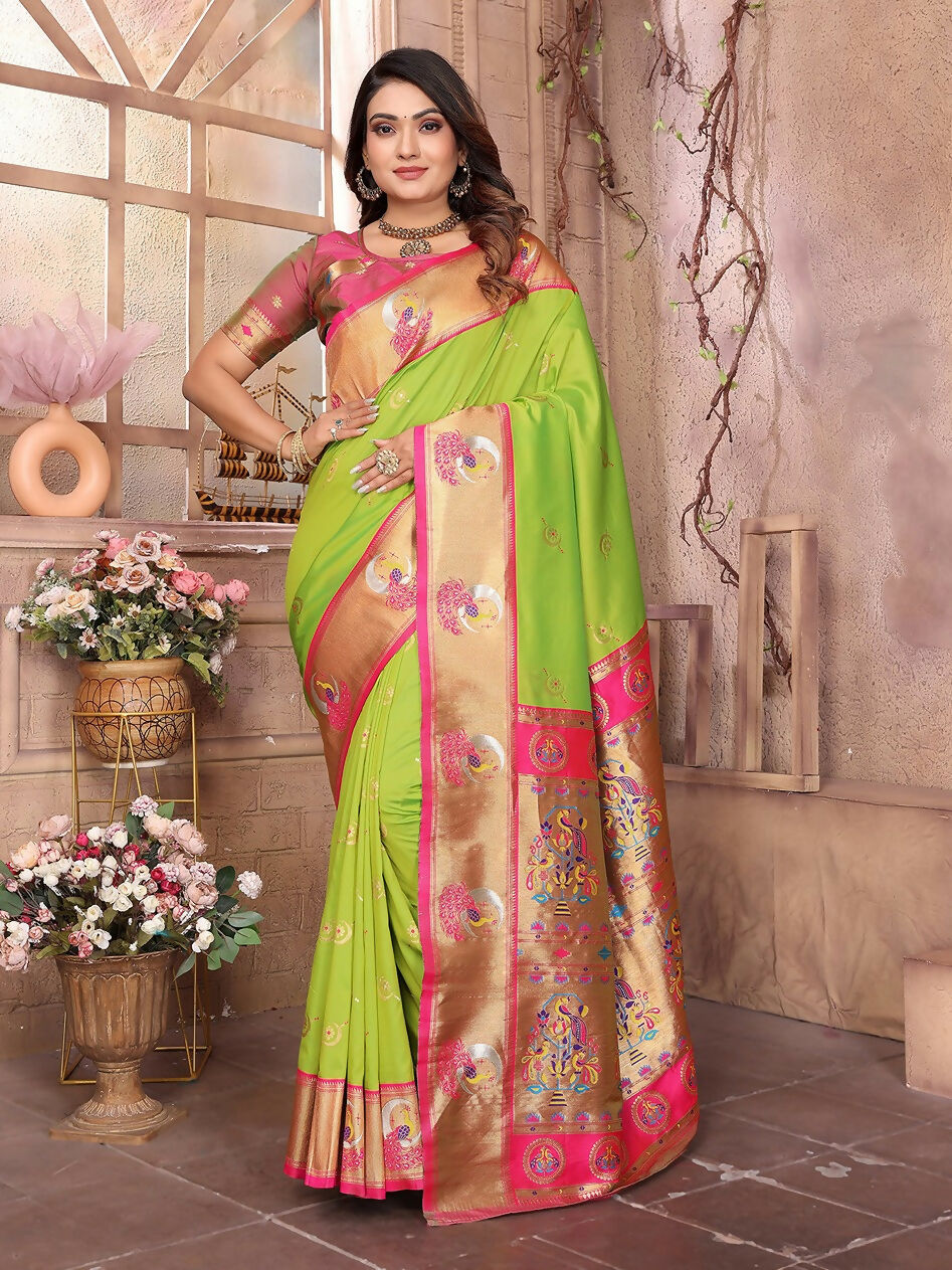 Light green Paithani soft silk saree with traditional woven details