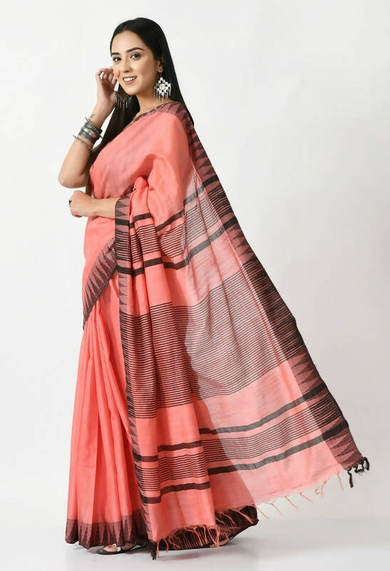 Gajari Pink Bhagalpuri Silk Saree with Black Temple Border