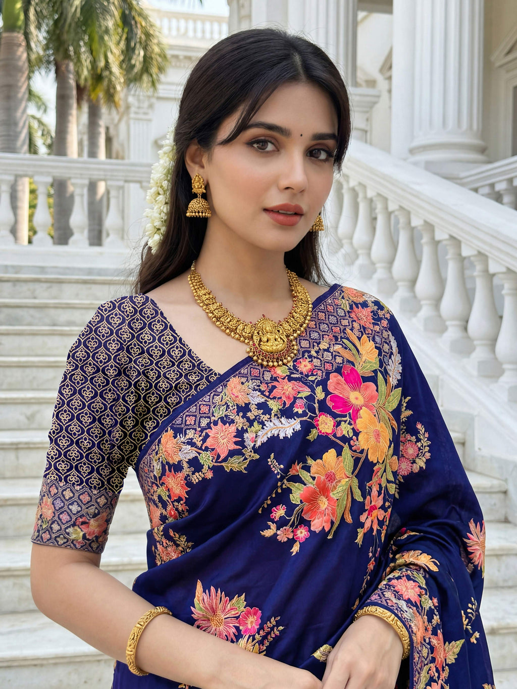 Royal Blue Premium Russian Silk Floral Print Saree