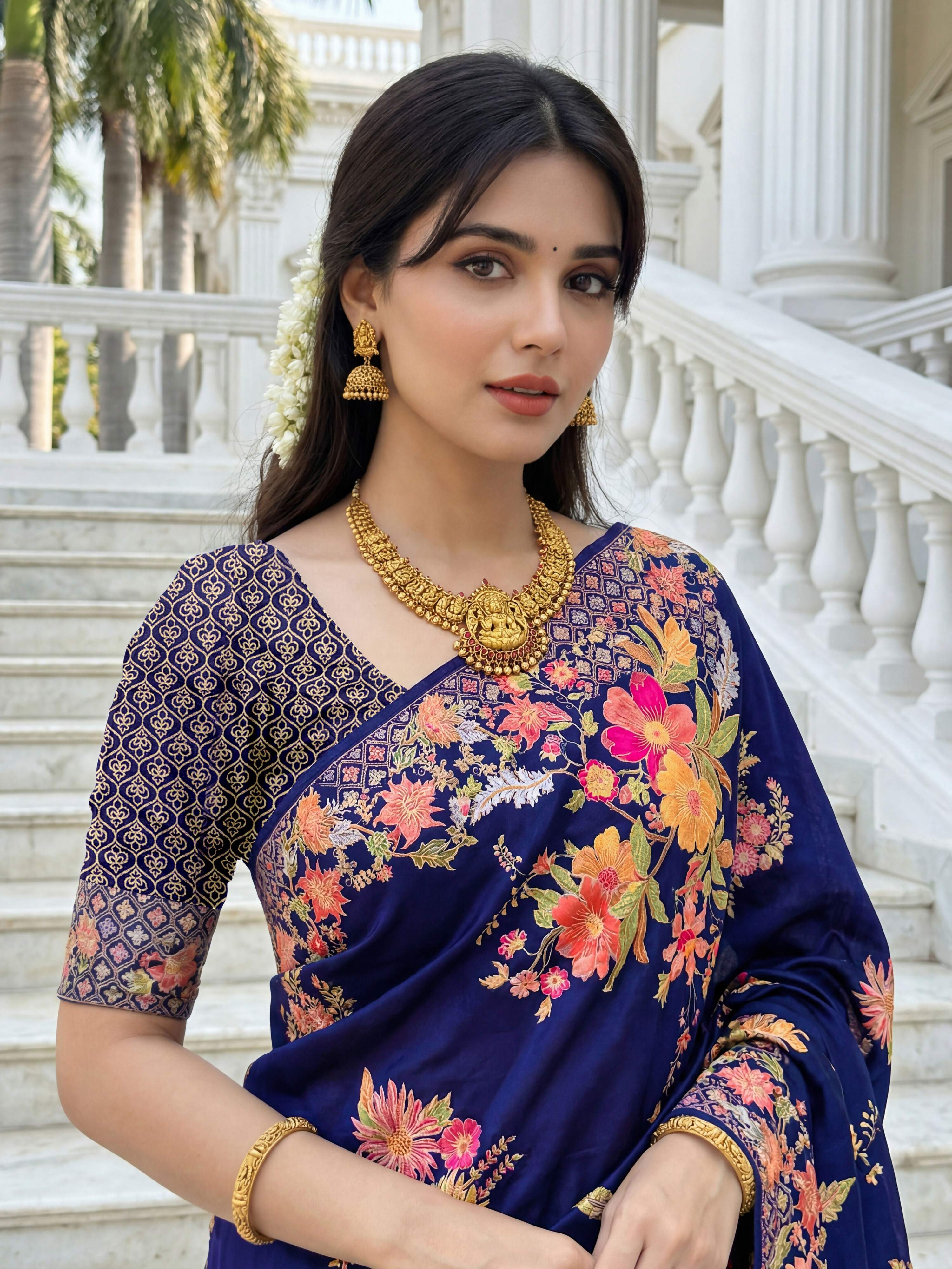 Royal Blue Premium Russian Silk Floral Print Saree