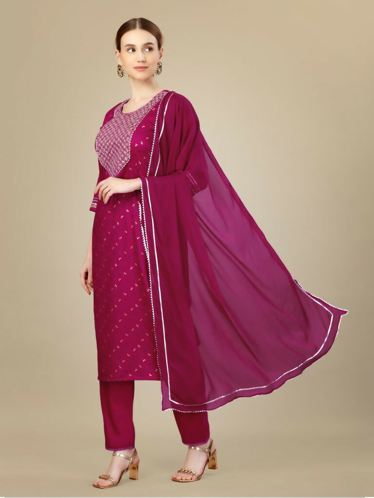 Women's Rani Pink Silk Blend Embroidered Straight Kurta Set
