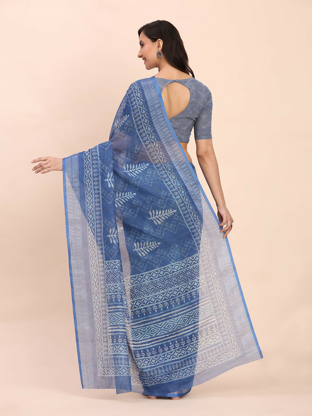 Elegant Indigo Blue Linen Cotton Saree with Matching Blouse