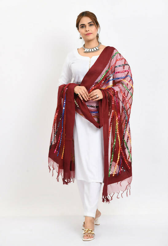 Maroon Organza Dupatta with Multi-Thread and Mirror Work
