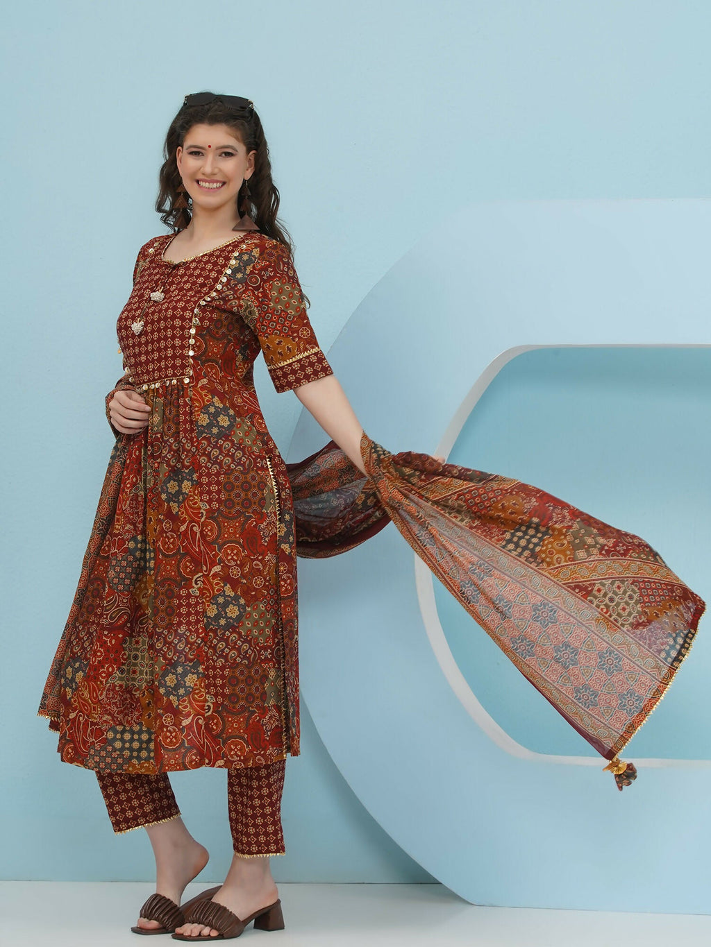Brown Cotton Suit Set for Women