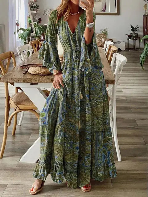 Women's Bohemian Floral Maxi Dress - V-Neck