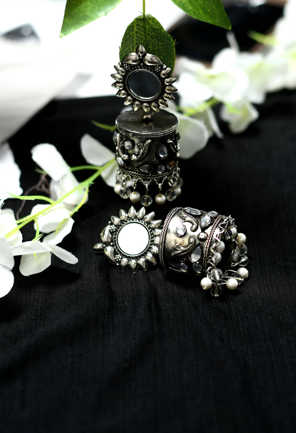 Johar Kamal Silver Oxidised Jhumka Earrings with Kundan Accents