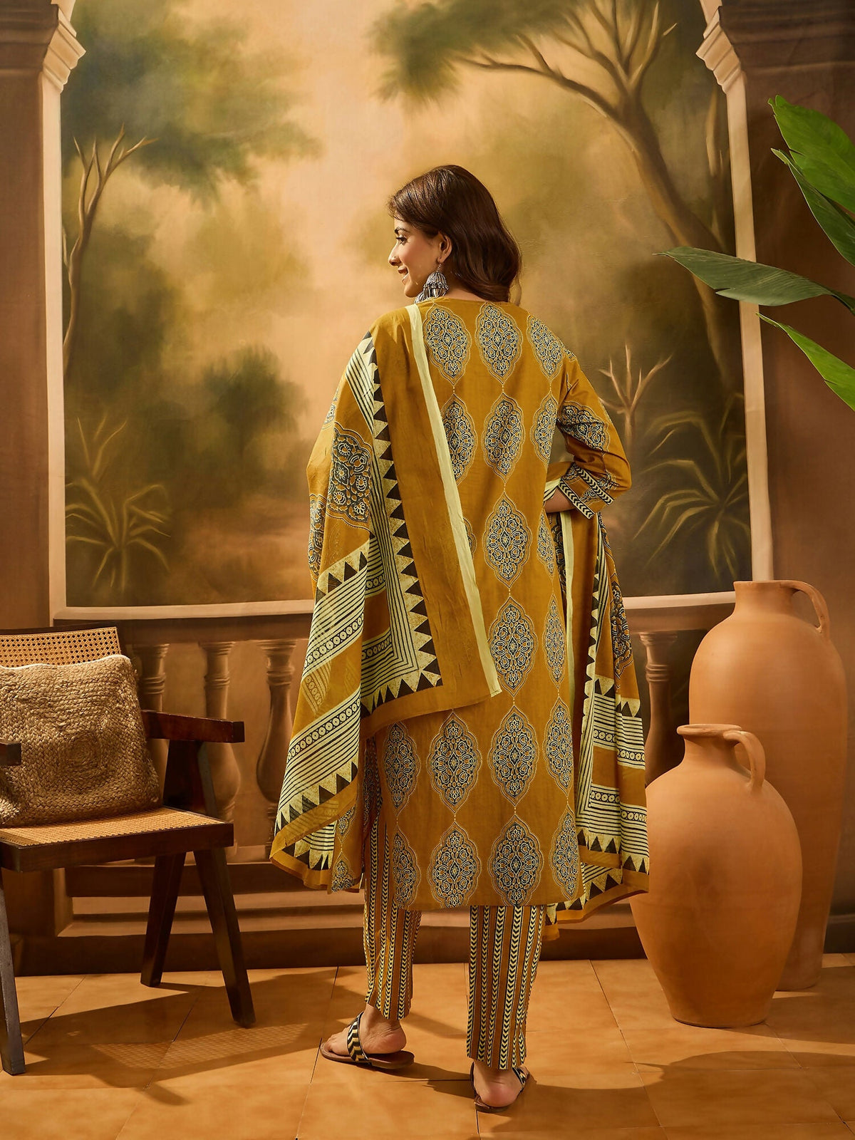 Mustard Printed Pure Cotton Kurta Set for Women