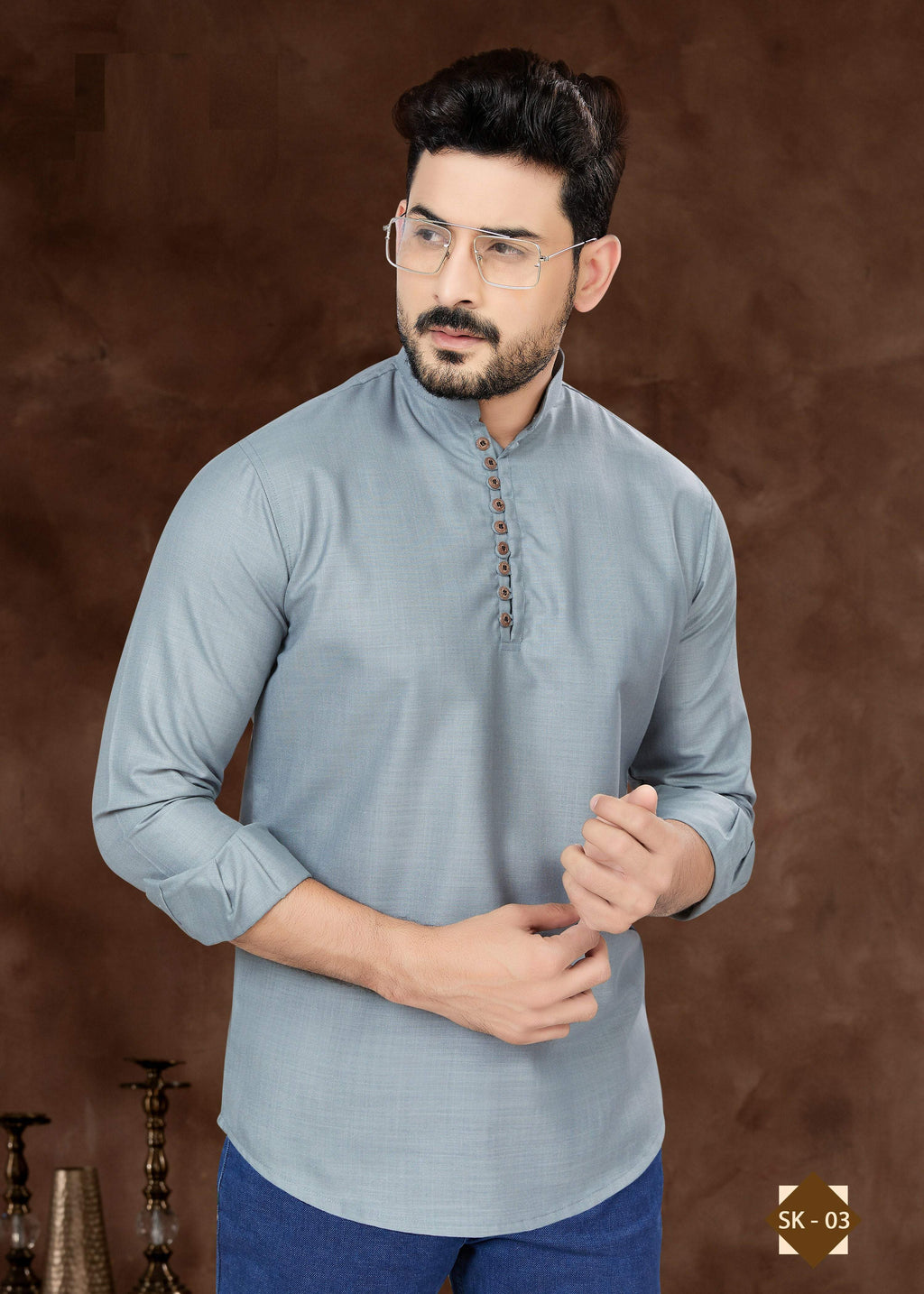 Men's Grey Plain Short Kurta in Pure Cotton
