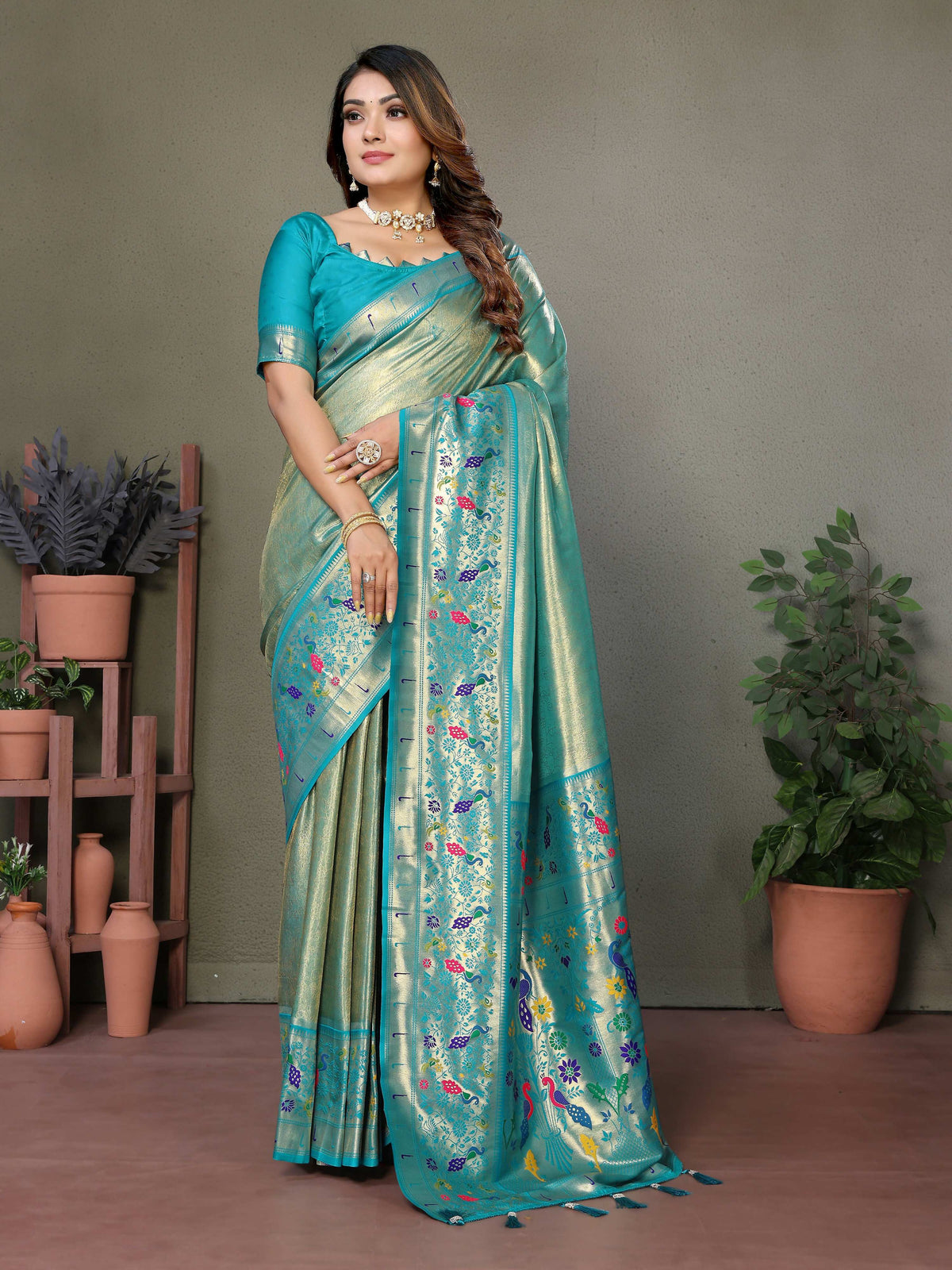 Sea Green Tissue Silk Paithani Woven Saree