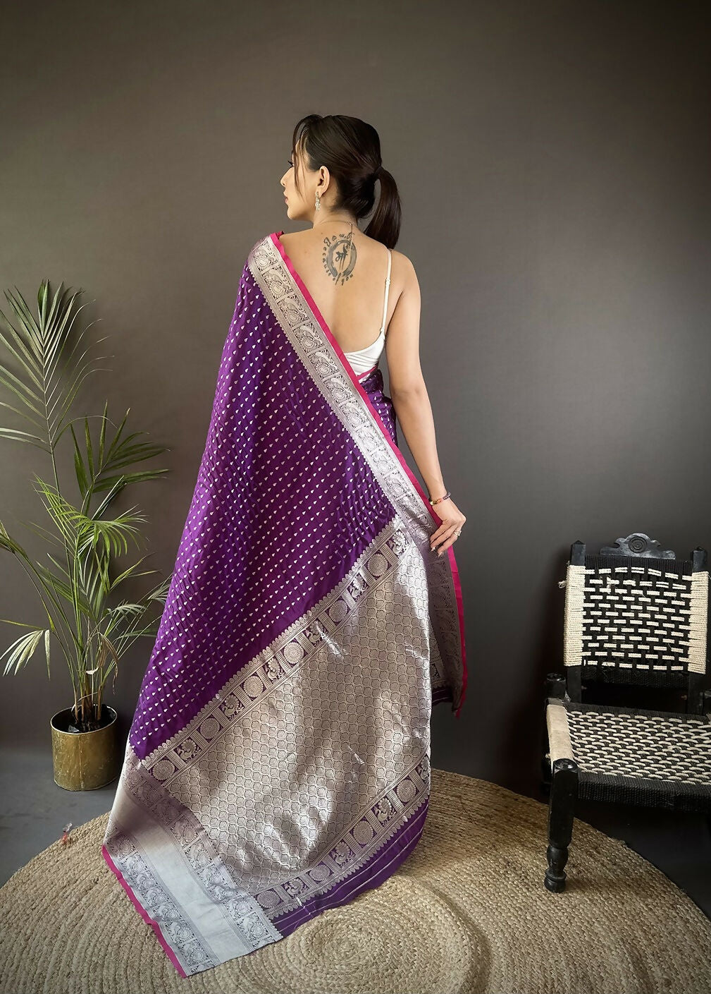 Purple Small Butti Banarasi Silk Saree with Unstitched Blouse