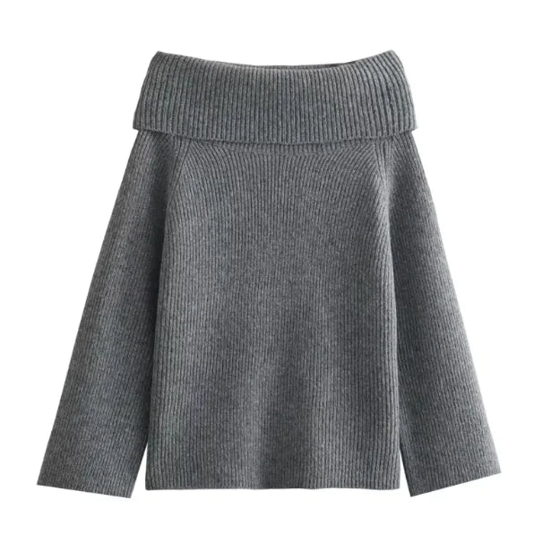 Women's off-shoulder ribbed knit long sleeve sweater in heather grey and cream
