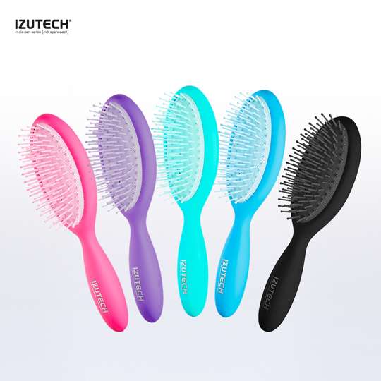 IZUTECH Bunni soft detangling brush in a variety of modern colors including pink, purple, and blue.