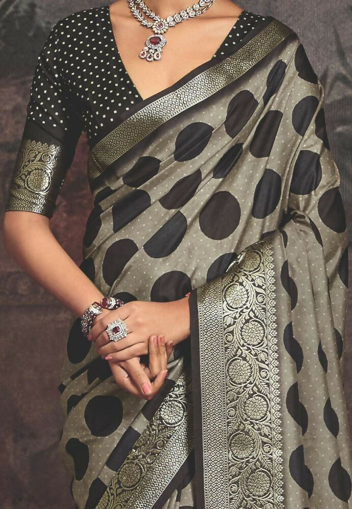 Dark Grey Dola Tussar Silk Saree with Self Jacquard Border