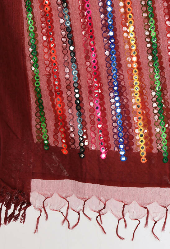 Maroon Organza Dupatta with Multi-Thread and Mirror Work