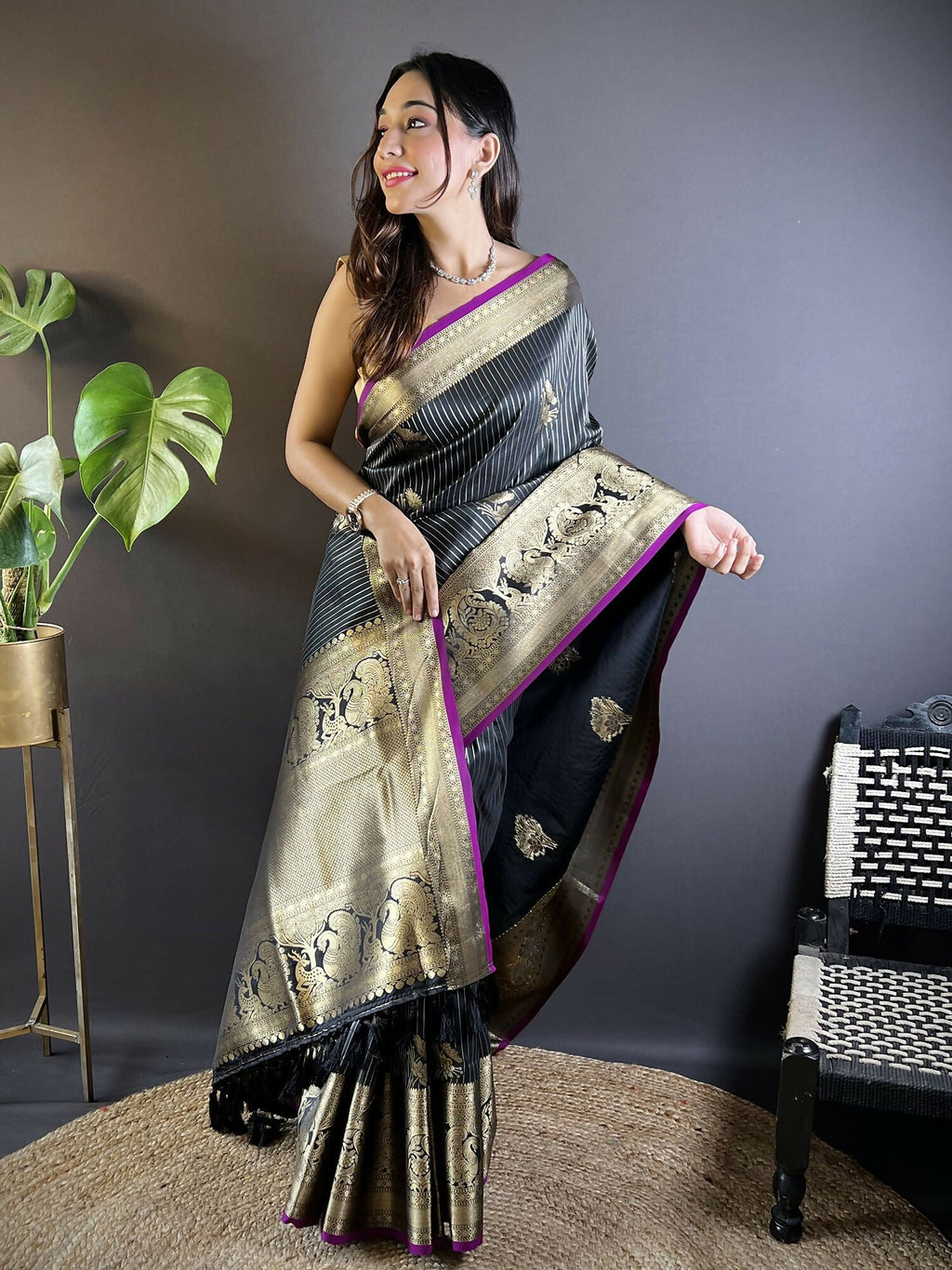 Black Striped Floral Soft Silk Leheriya Saree with Unstitched Blouse