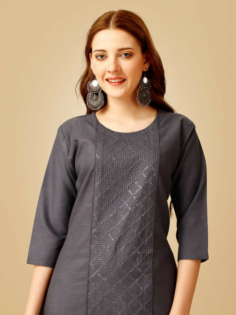 Grey Cotton Blend Embroidered Kurta Pant Set with Sequence Details
