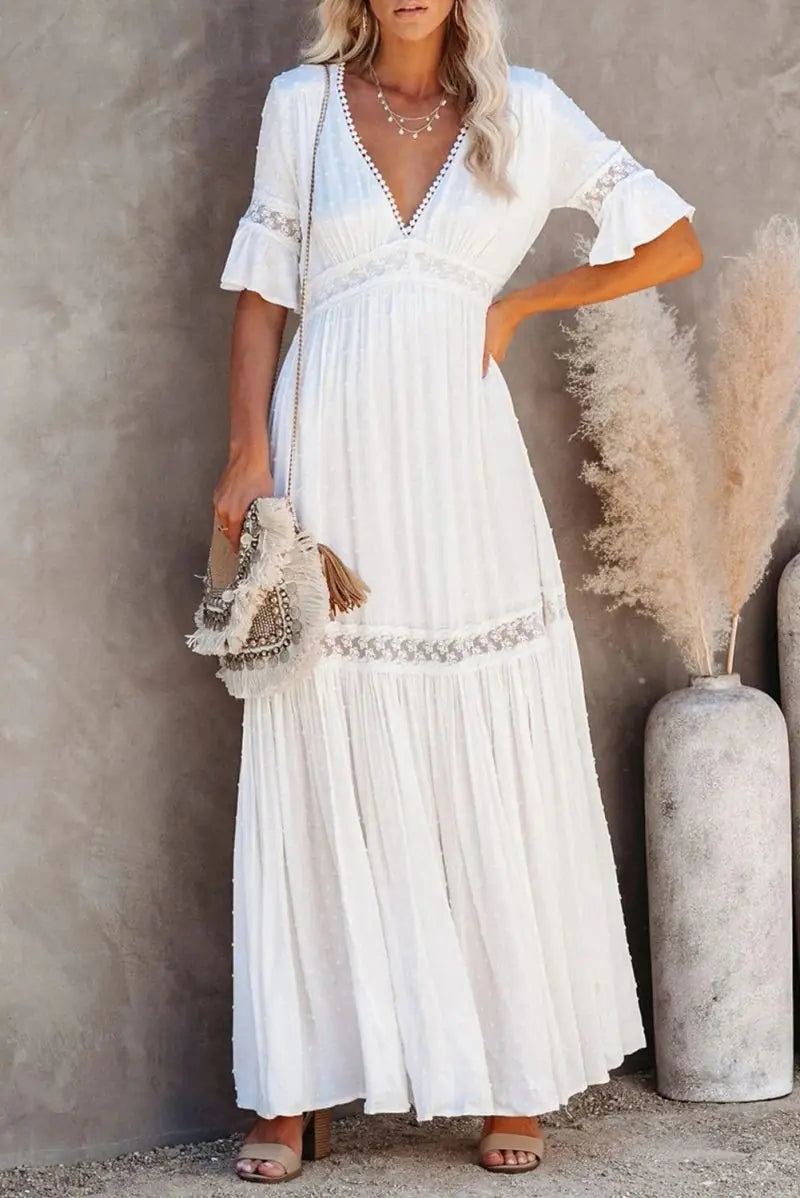 Women's White V-Neck Lace Maxi Dress with Flutter Sleeves - Image 4