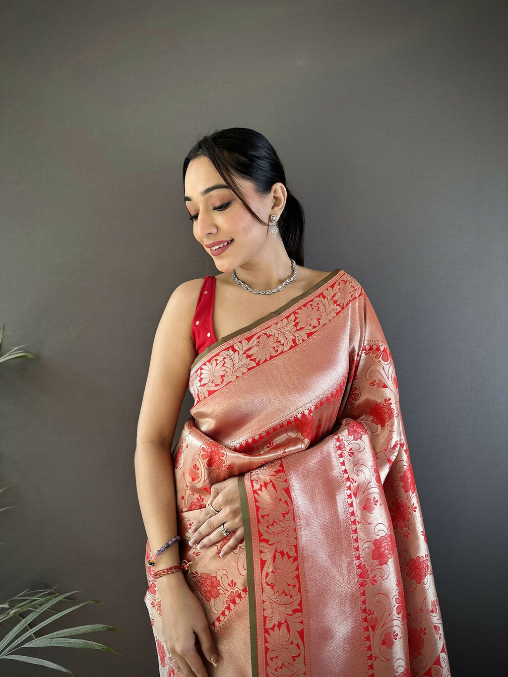 Peach Flower Jall Pattern Soft Silk Banarasi Saree for Women