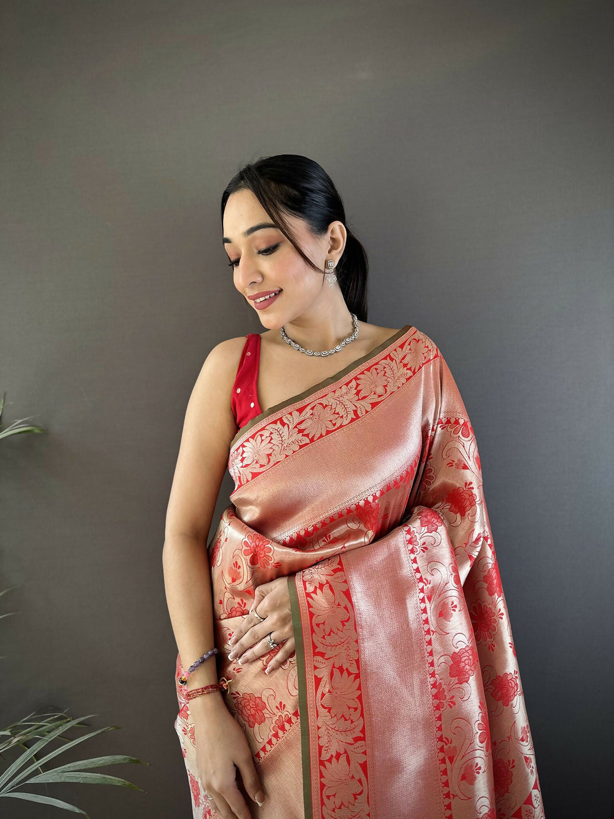 Peach Flower Jall Pattern Soft Silk Banarasi Saree for Women
