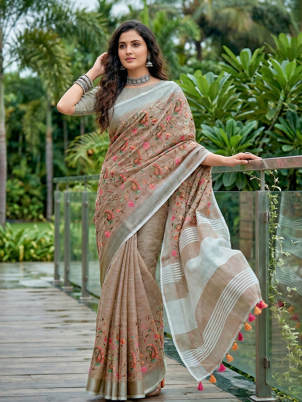 Brown Linen Saree with Coordinating Blouse Piece