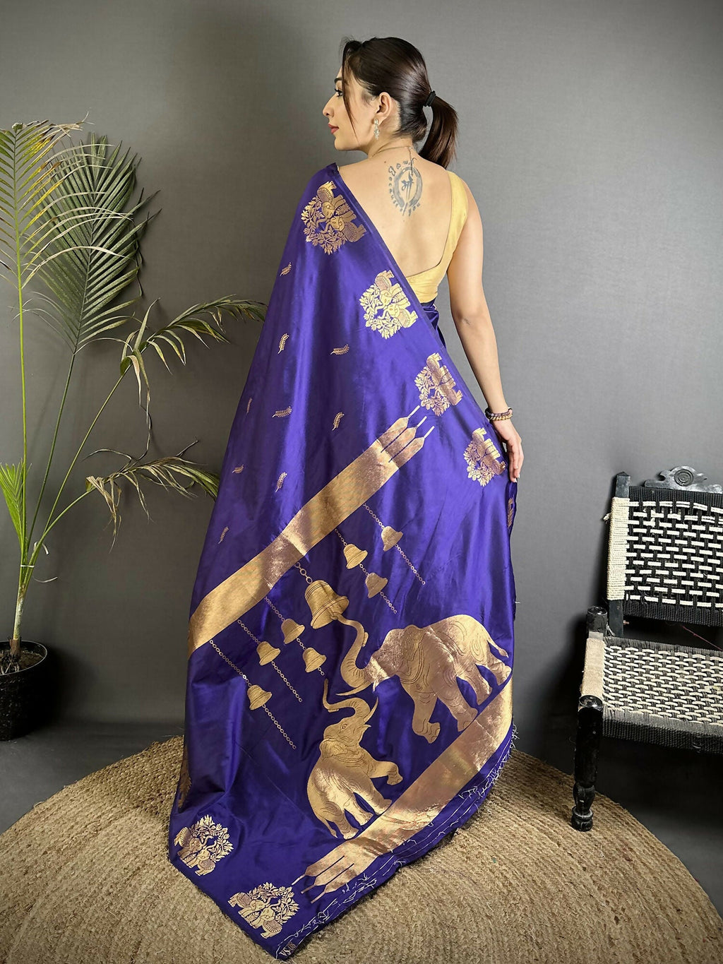 Violet Soft Silk Banarasi Saree with Intricate Zari Motifs