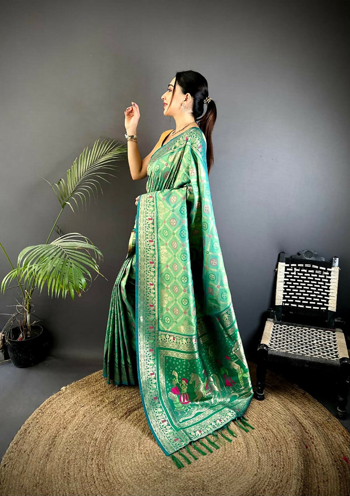 Bottle Green Butti Motifs Soft Silk Patola Saree