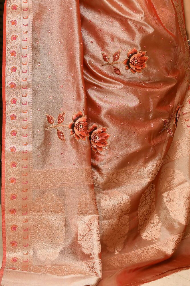 Blue and Orange Kataan Ikkat Banarasi Silk Saree