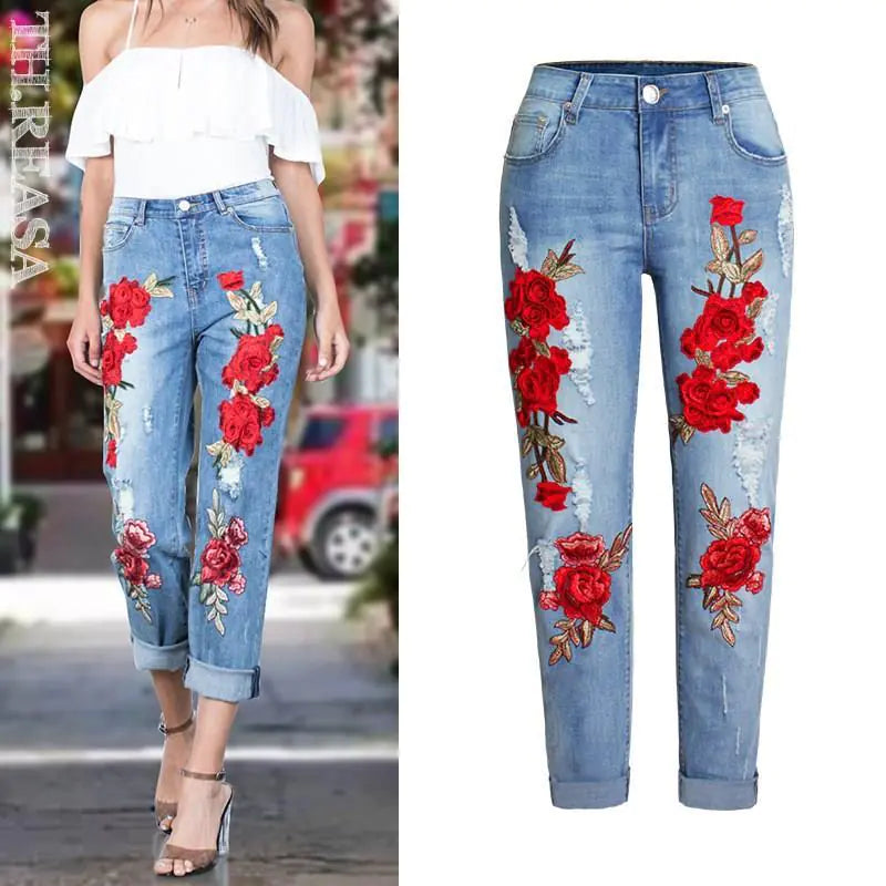 Women Light Blue Washed Denim Jeans with Red Floral Embroidery - Image 3